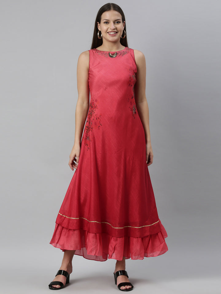 Neerus Pink silk straight kurti - front view