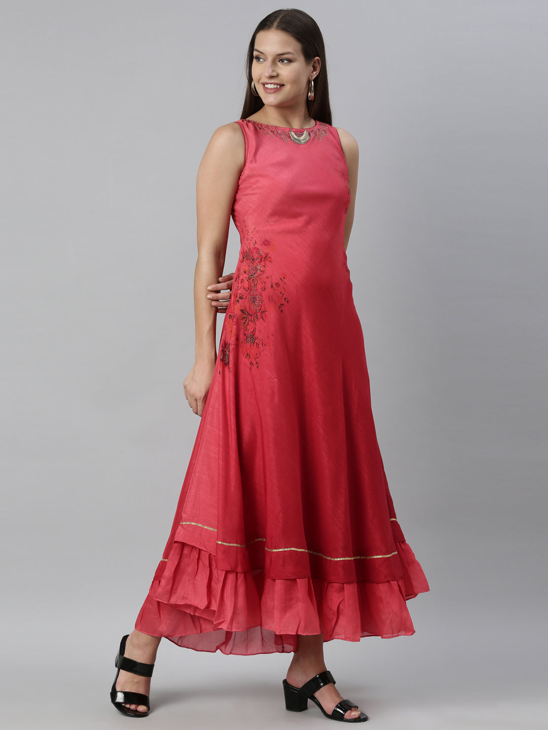 Neerus Pink silk straight kurti - detail view 1