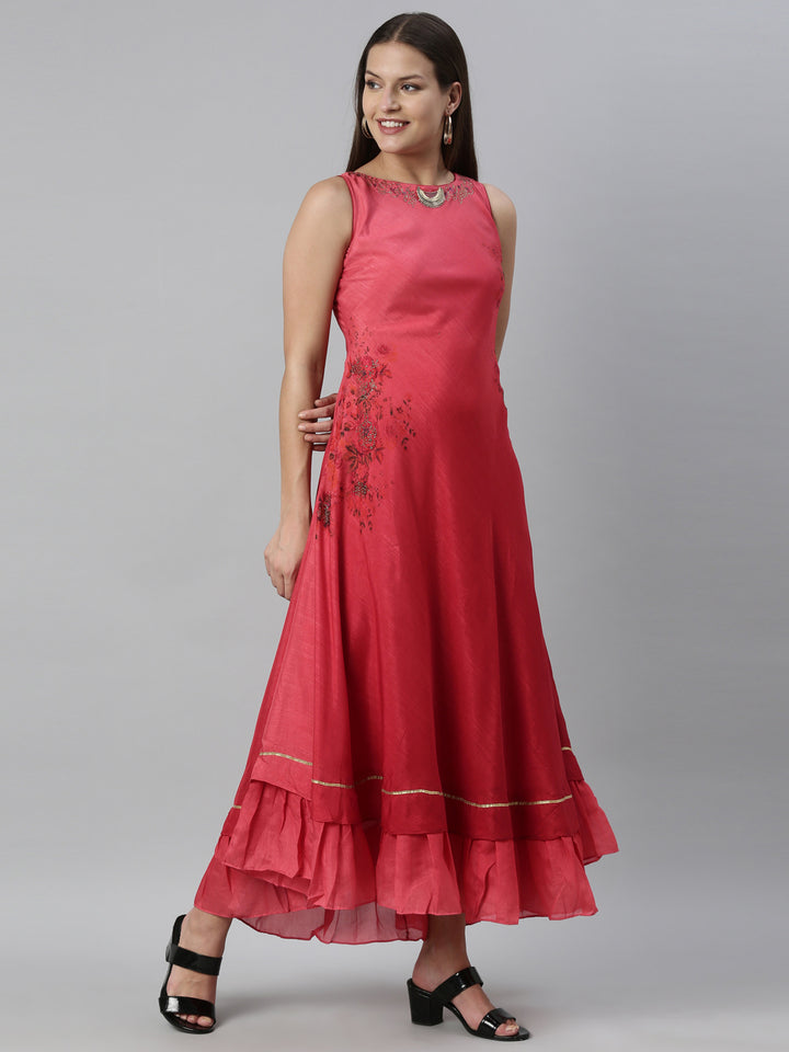 Neerus Pink silk straight kurti - detail view 1