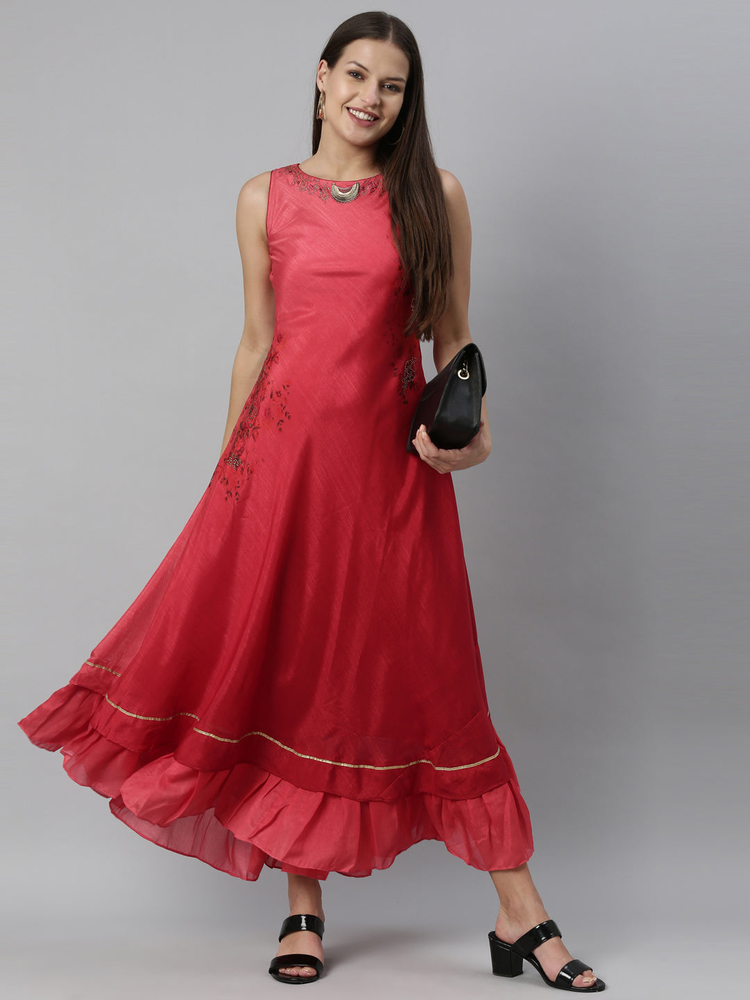 Neerus Pink silk straight kurti - detail view 3