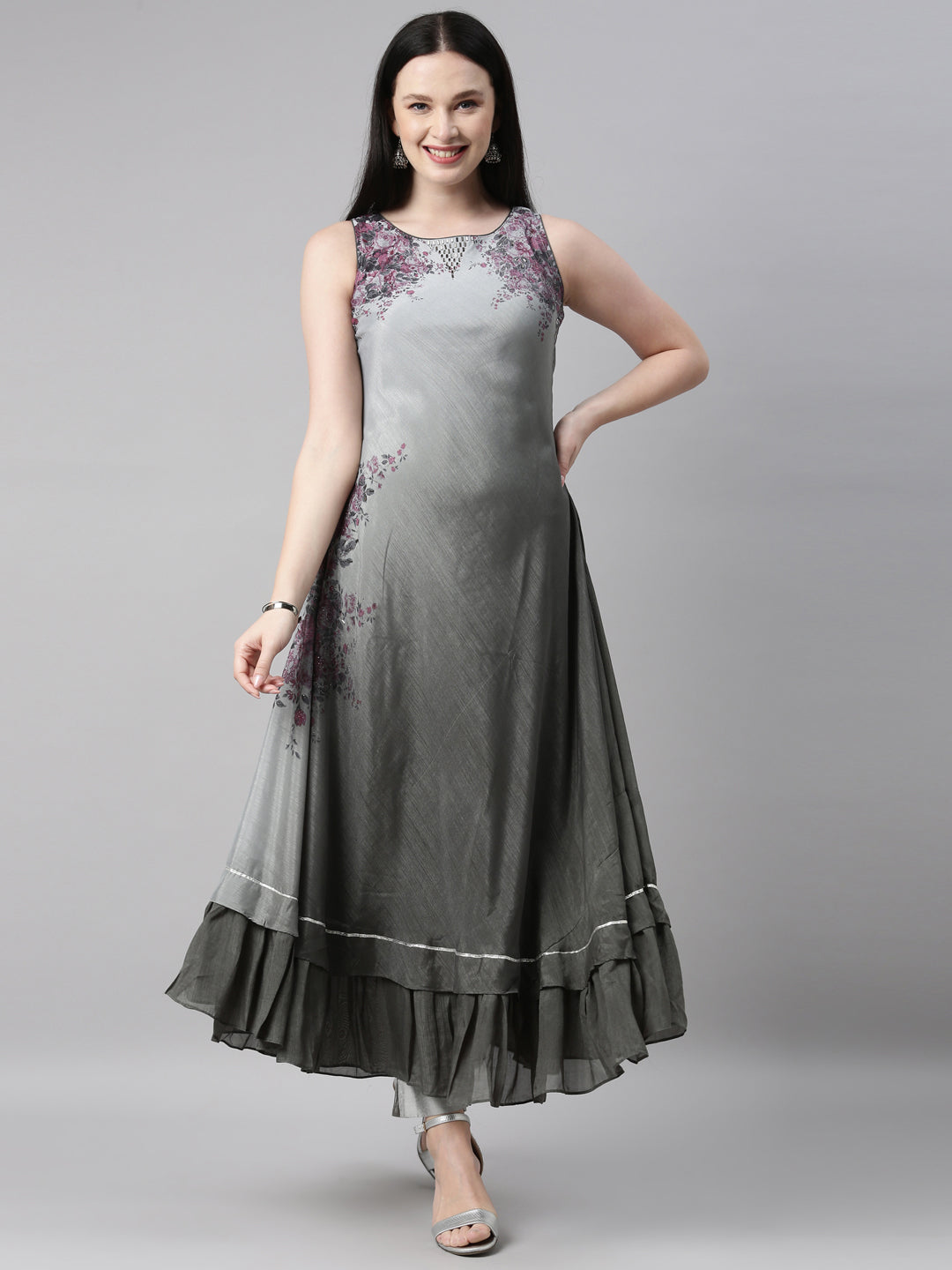 Neerus Grey silk solid kurta - front view