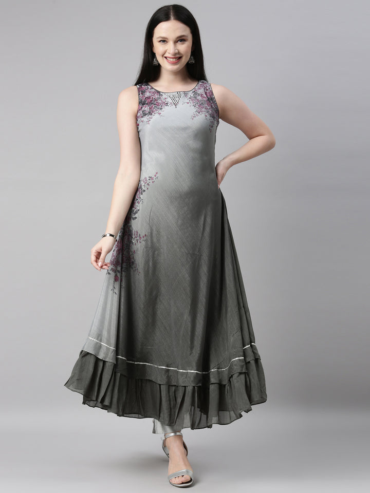 Neerus Grey silk solid kurta - front view