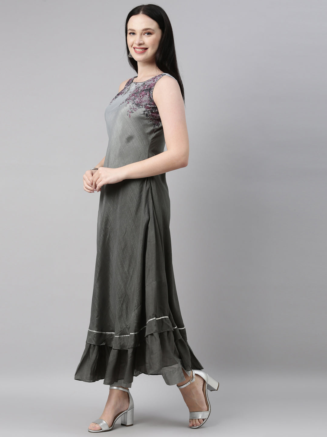 Neerus Grey silk solid kurta - side view