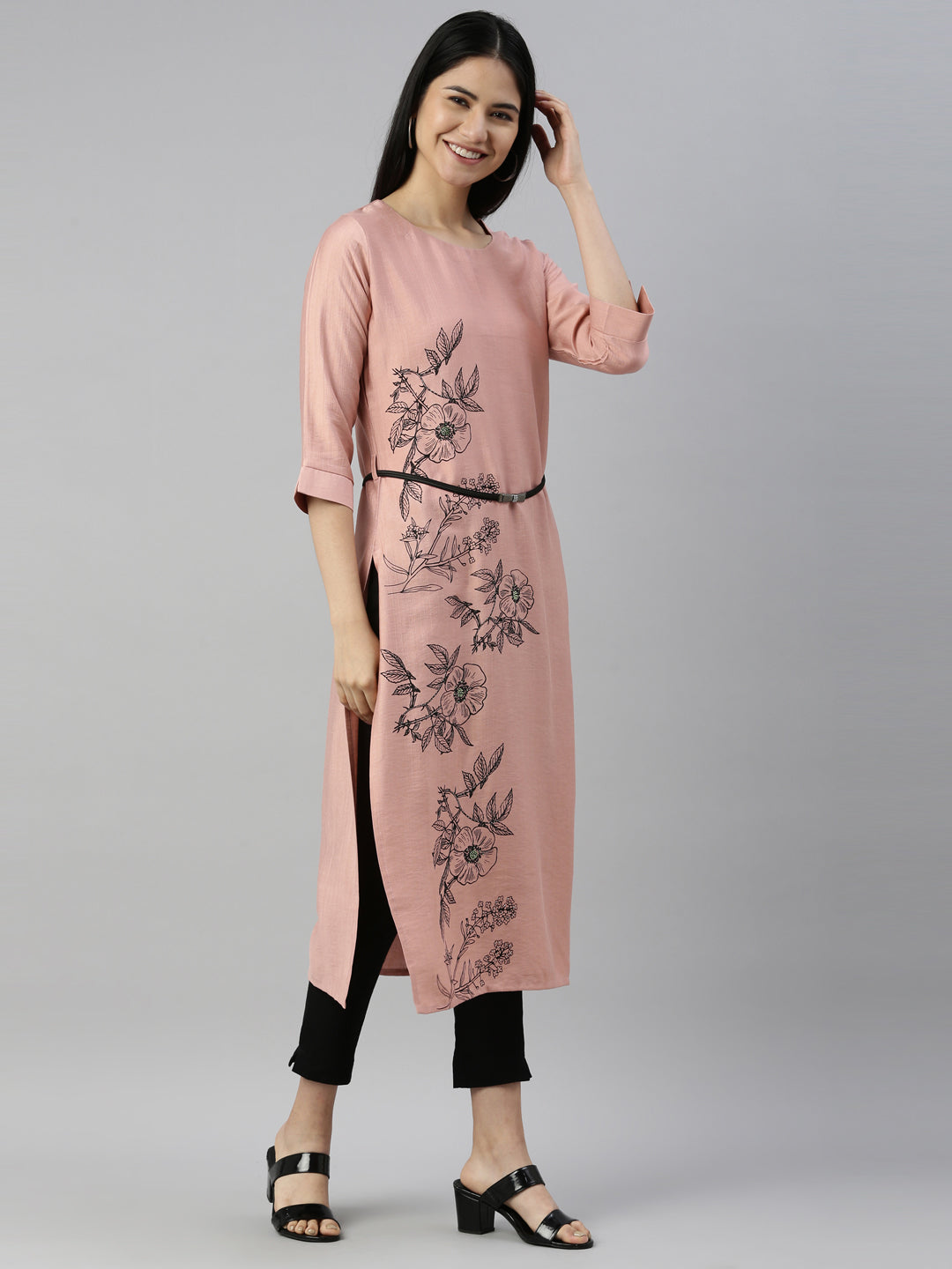 Neerus Peach Color Rayon Fabric Kurta