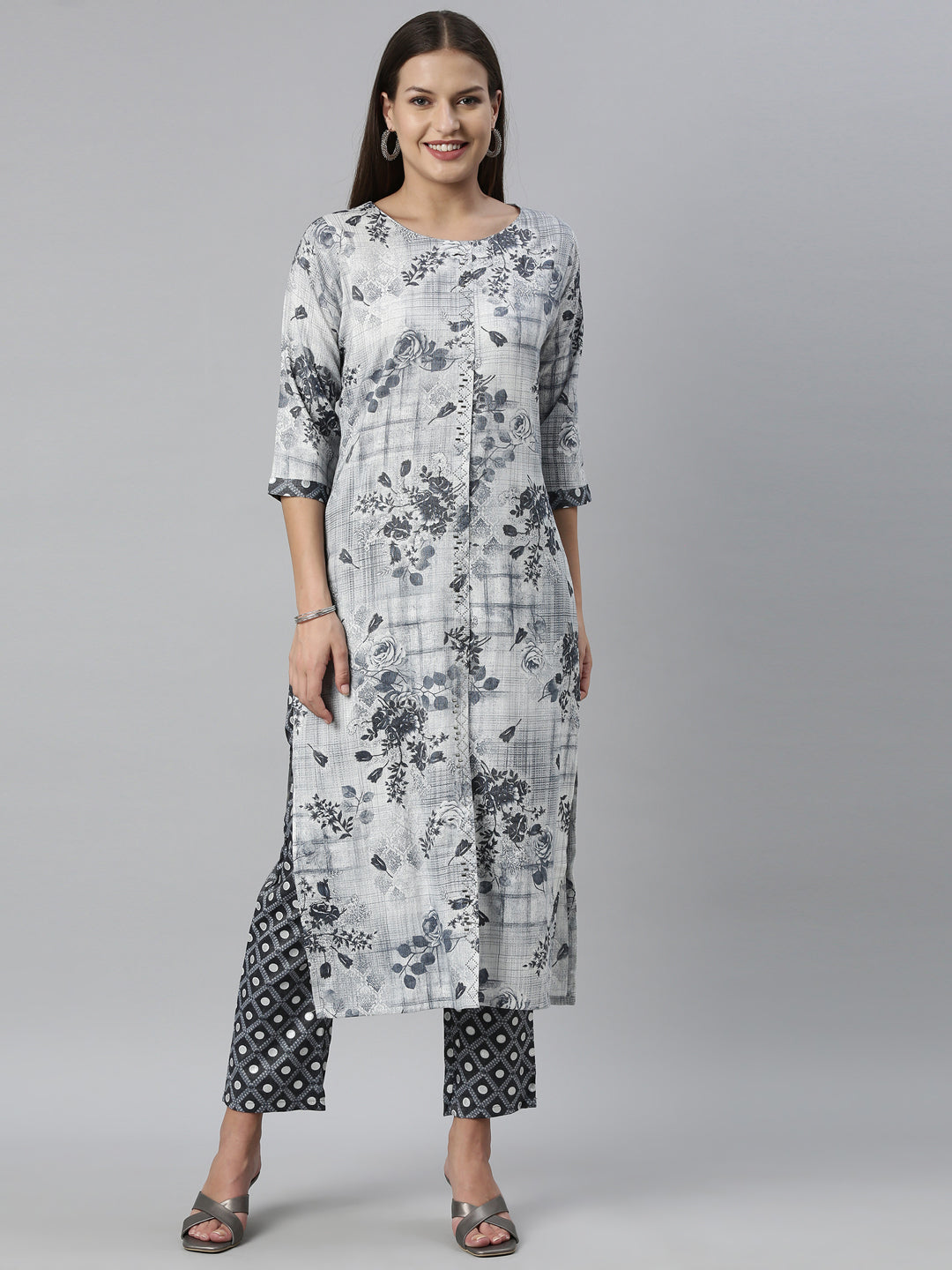 Neerus Blue rayon straight kurta set - detail view 7