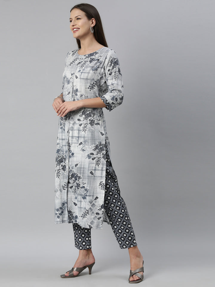 Neerus Blue rayon straight kurta set - side view