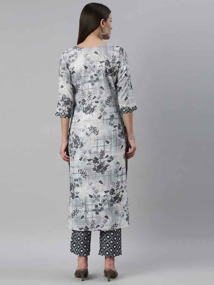 Neerus Blue rayon straight kurta set - detail view 2