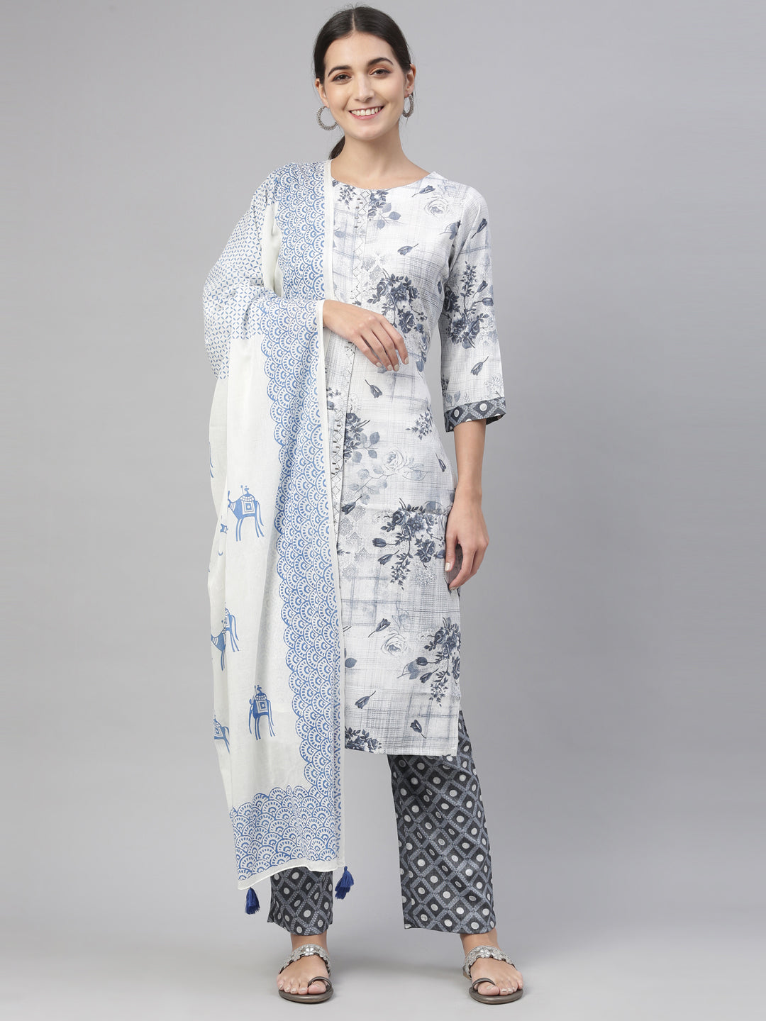 Neerus Blue rayon straight kurta set with trouser and dupatta - front view