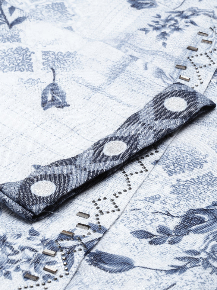 Neerus Blue rayon straight kurta set with trouser and dupatta - detail view 1
