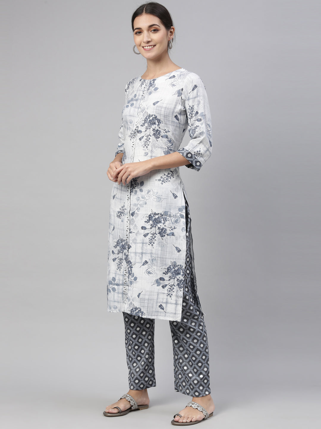 Neerus Blue rayon straight kurta set with trouser and dupatta - detail view 4