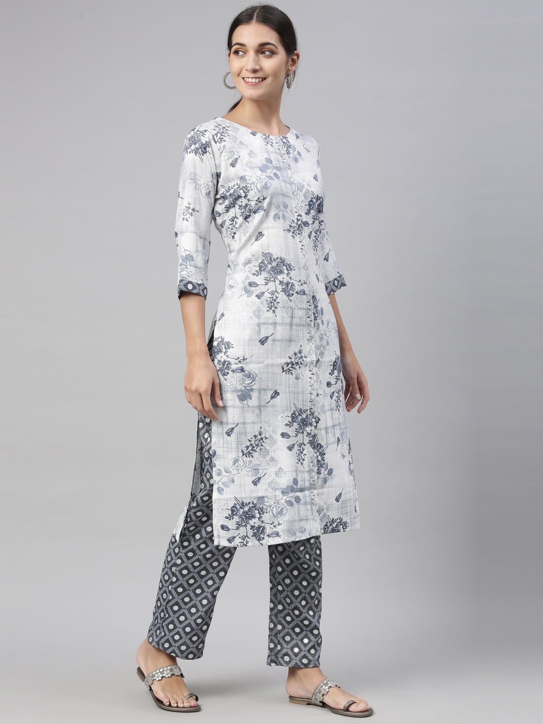 Neerus Blue rayon straight kurta set with trouser and dupatta - detail view 5