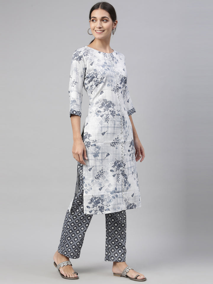Neerus Blue rayon straight kurta set with trouser and dupatta - detail view 5