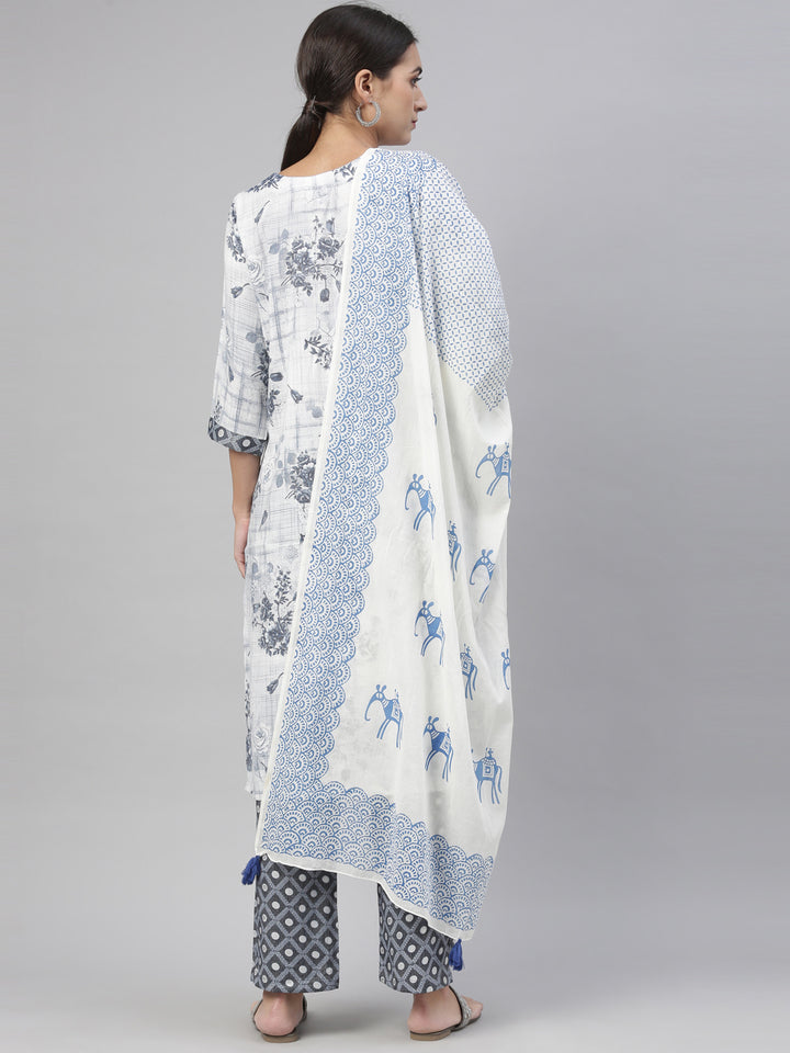Neerus Blue rayon straight kurta set with trouser and dupatta - detail view 6