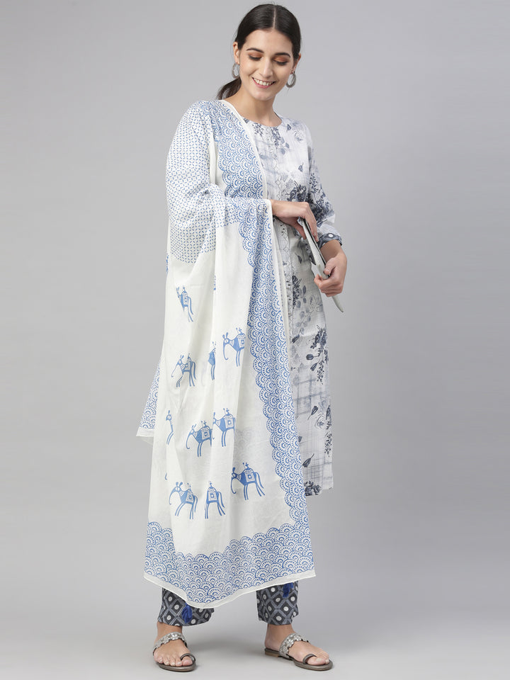 Neerus Blue rayon straight kurta set with trouser and dupatta - detail view 7