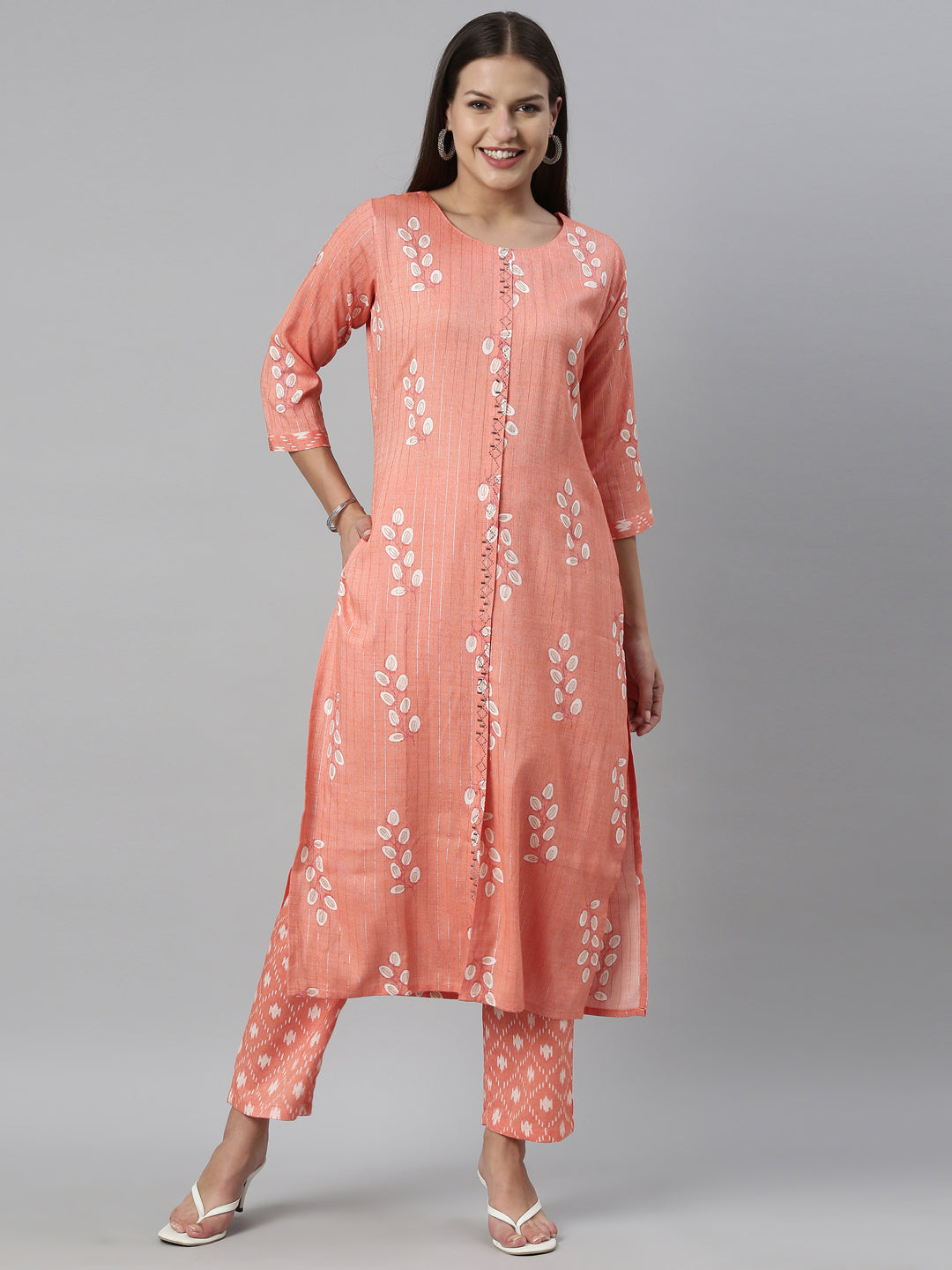 Neerus Carrot Color Slub Rayon Fabric Kurta Set