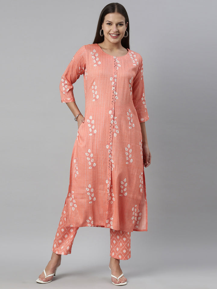 Neerus Carrot Color Slub Rayon Fabric Kurta Set