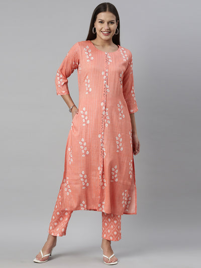 Neeru'S Carrot Color Slub Rayon Fabric Kurta Set