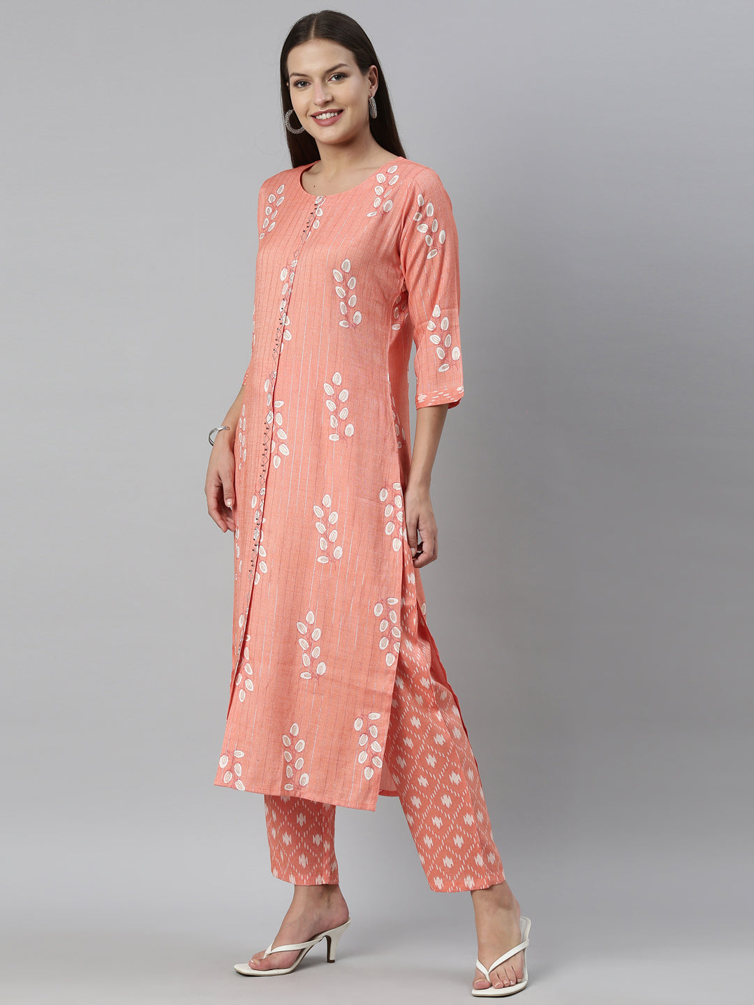 Neerus Carrot Color Slub Rayon Fabric Kurta Set
