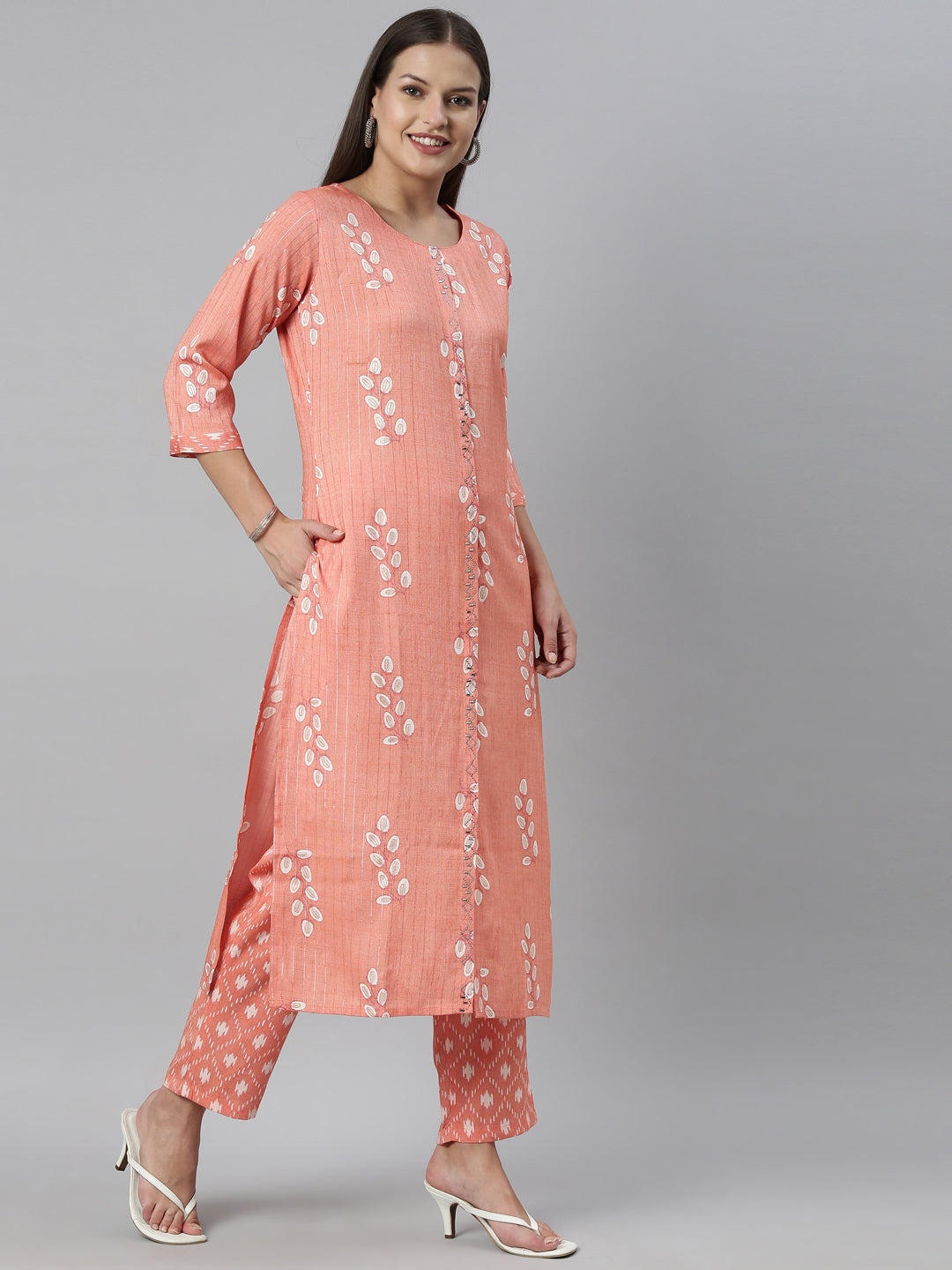 Neerus Carrot Color Slub Rayon Fabric Kurta Set