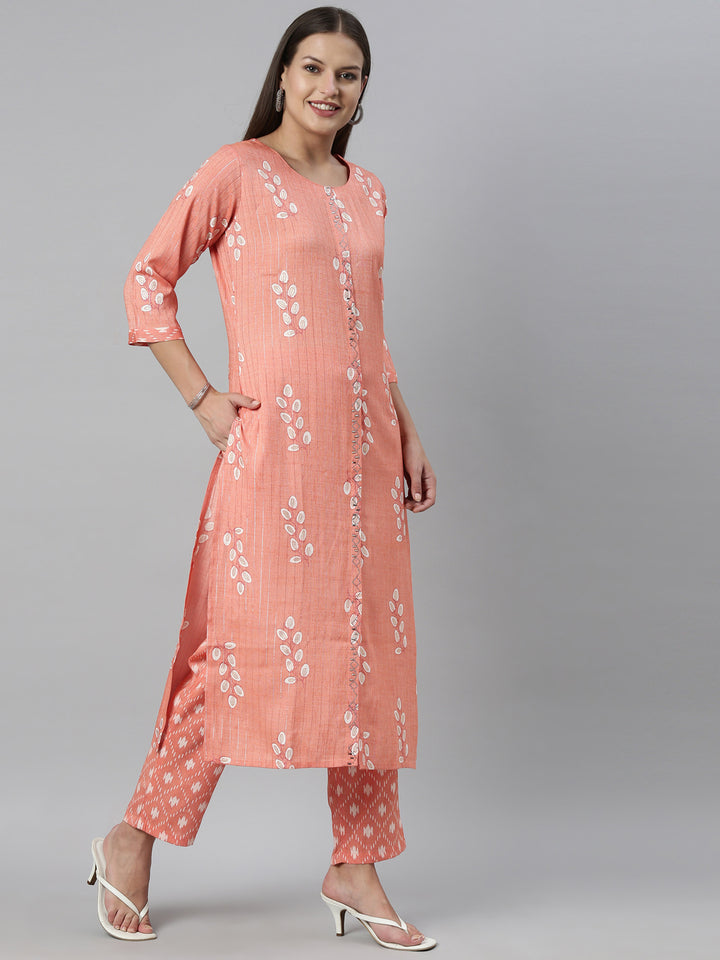 Neerus Carrot Color Slub Rayon Fabric Kurta Set