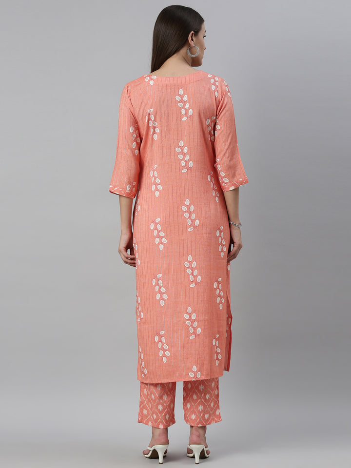Neerus Carrot Color Slub Rayon Fabric Kurta Set