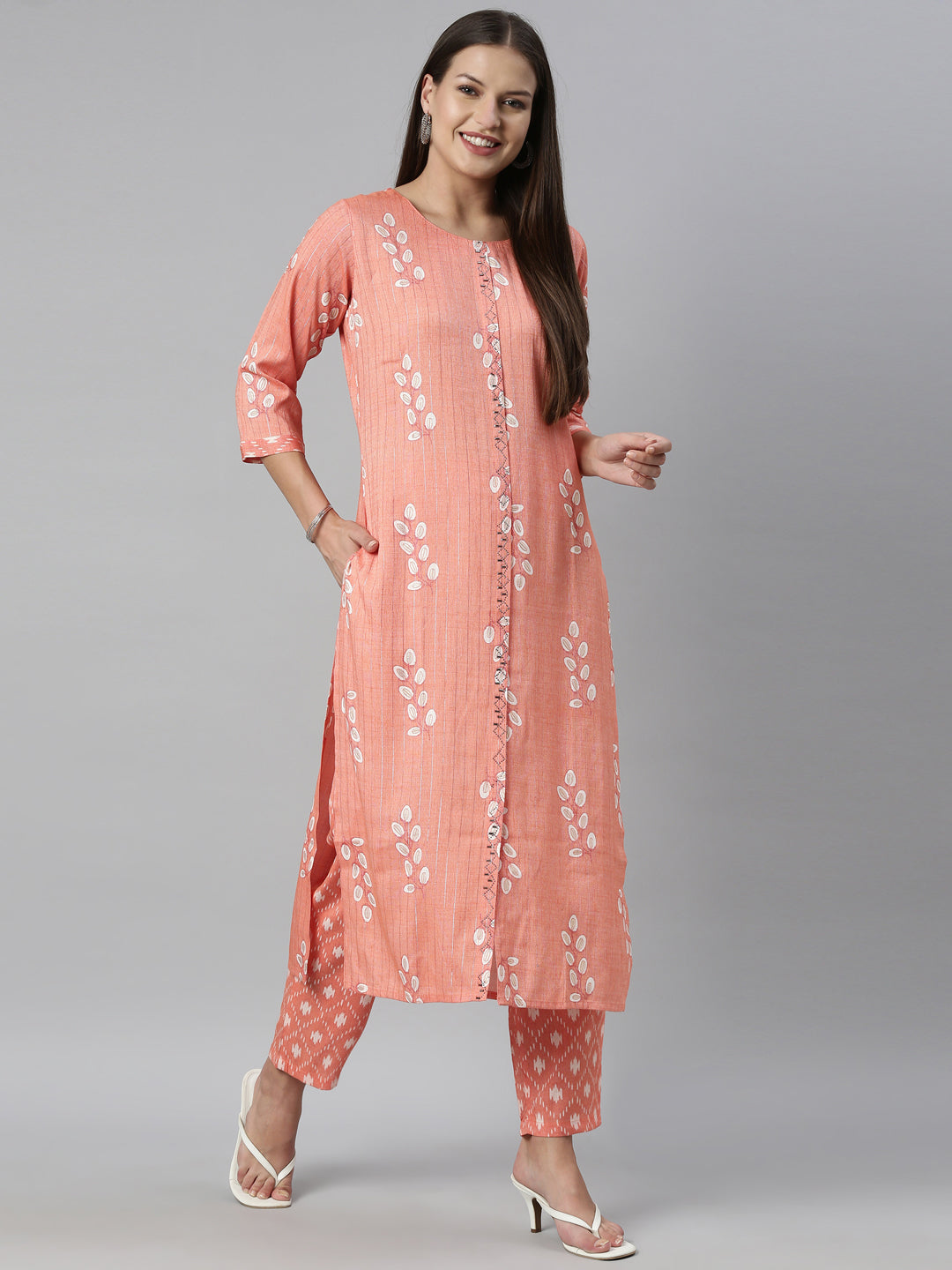 Neerus Carrot Color Slub Rayon Fabric Kurta Set