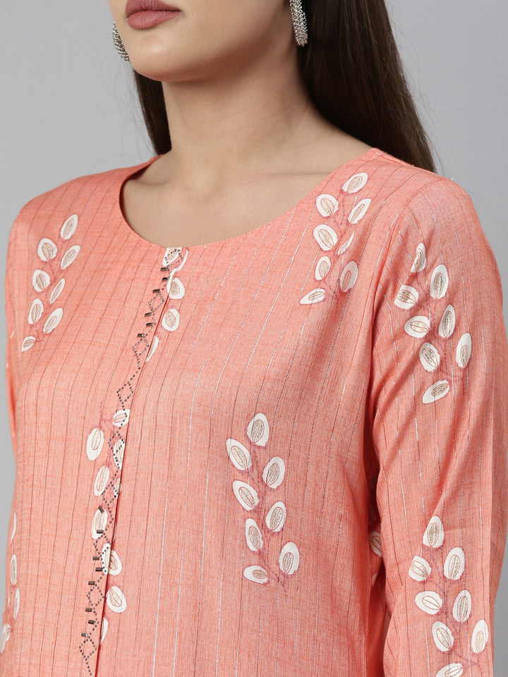 Neerus Carrot Color Slub Rayon Fabric Kurta Set