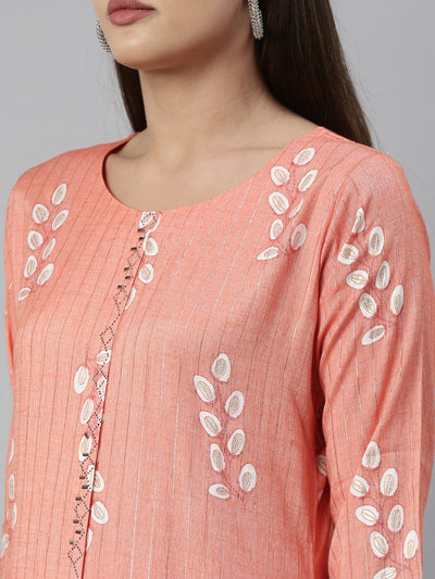 Neeru'S Carrot Color Slub Rayon Fabric Kurta Set
