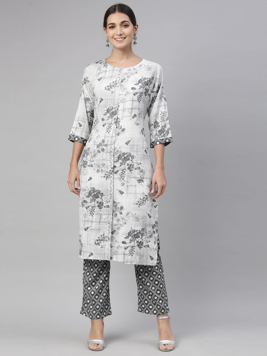 Neerus Grey rayon straight kurta set - front view