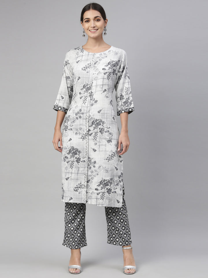 Neerus Grey rayon straight kurta set - front view