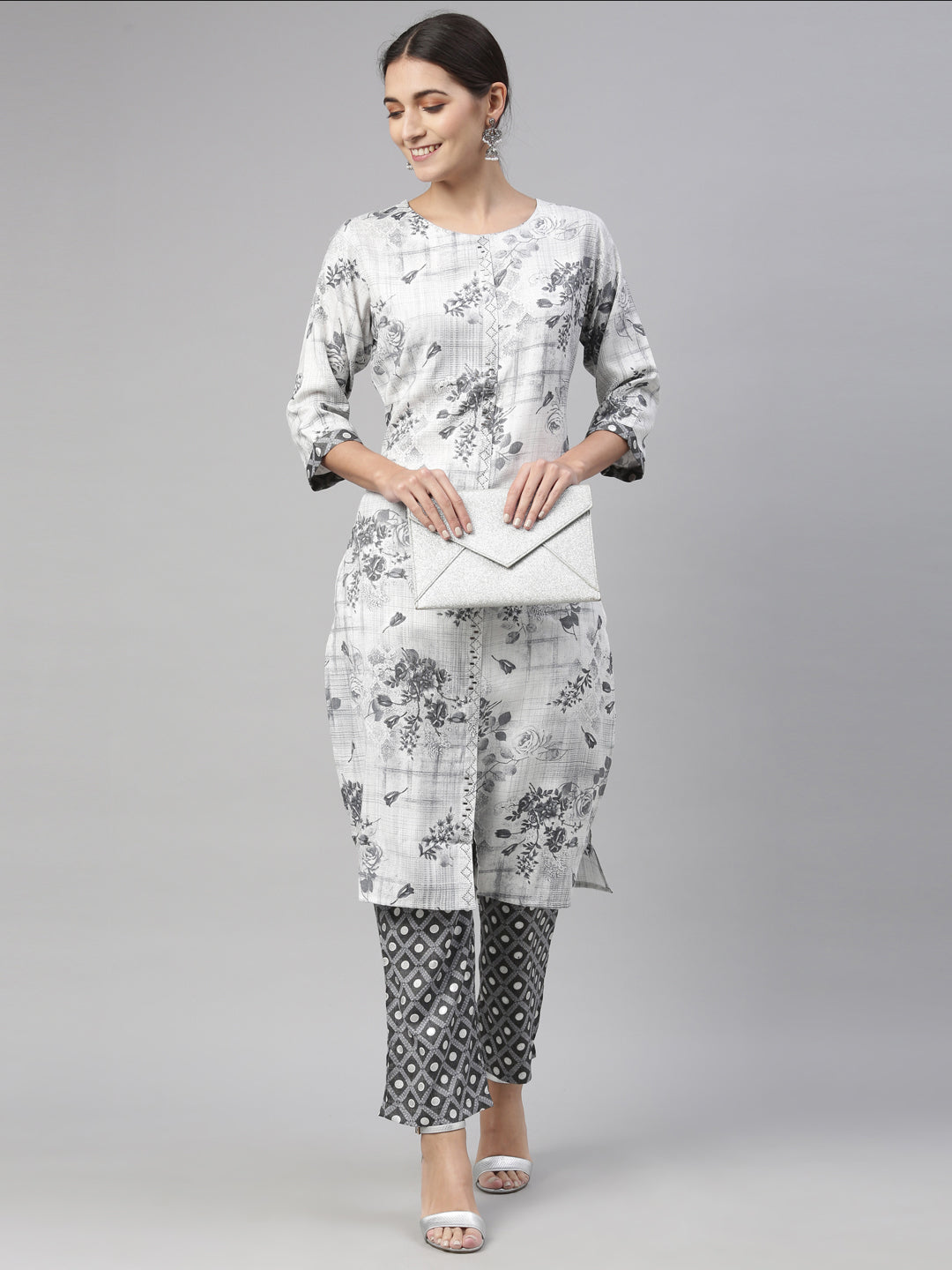 Neeru'S grey color, slub rayon fabric kurta set