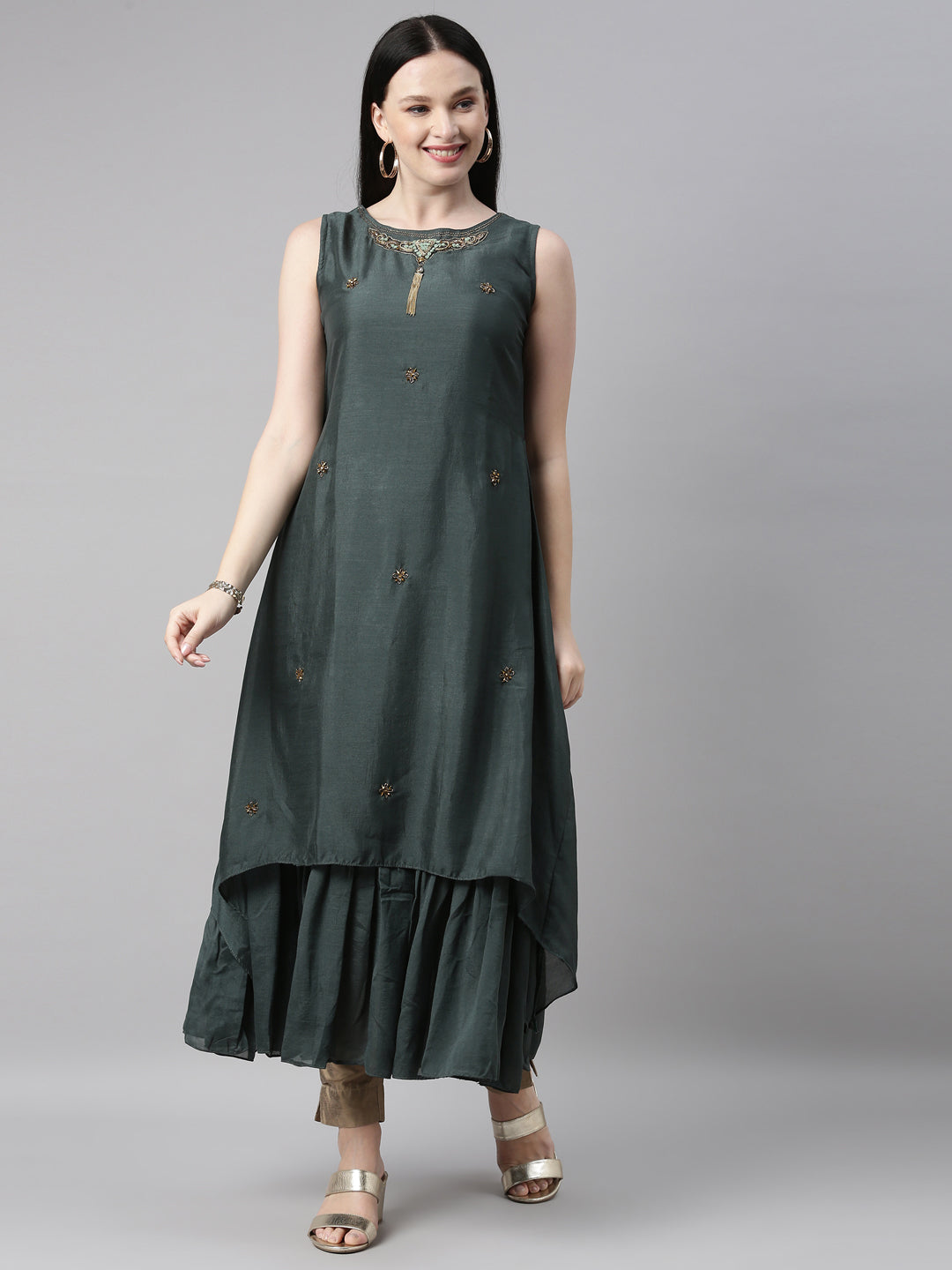 Neerus Green silk solid kurti - front view
