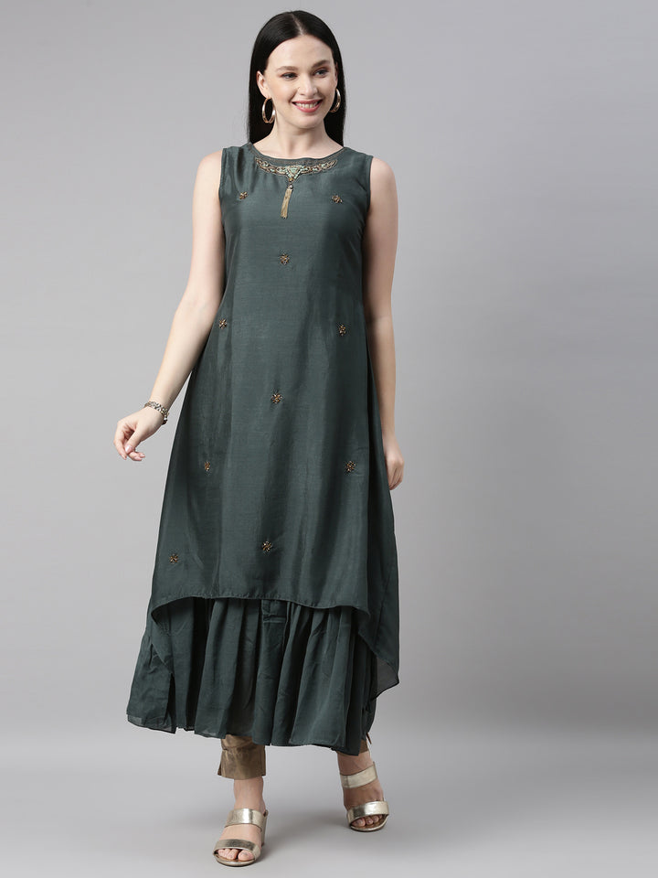 Neerus Green silk solid kurti - front view