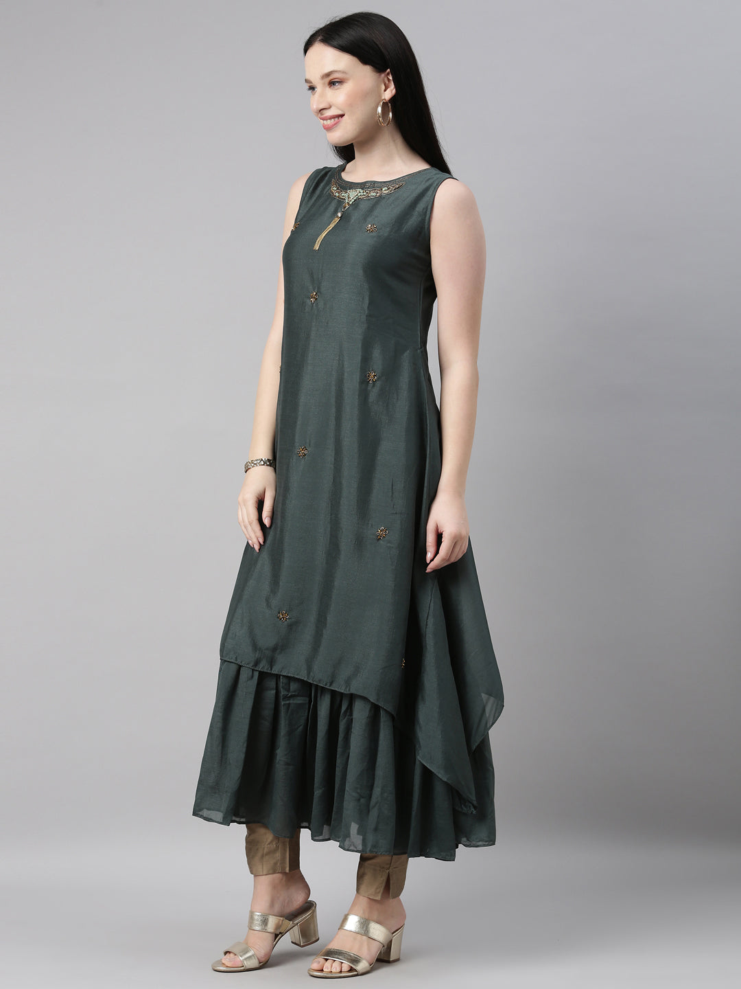 Neerus Green silk solid kurti - side view