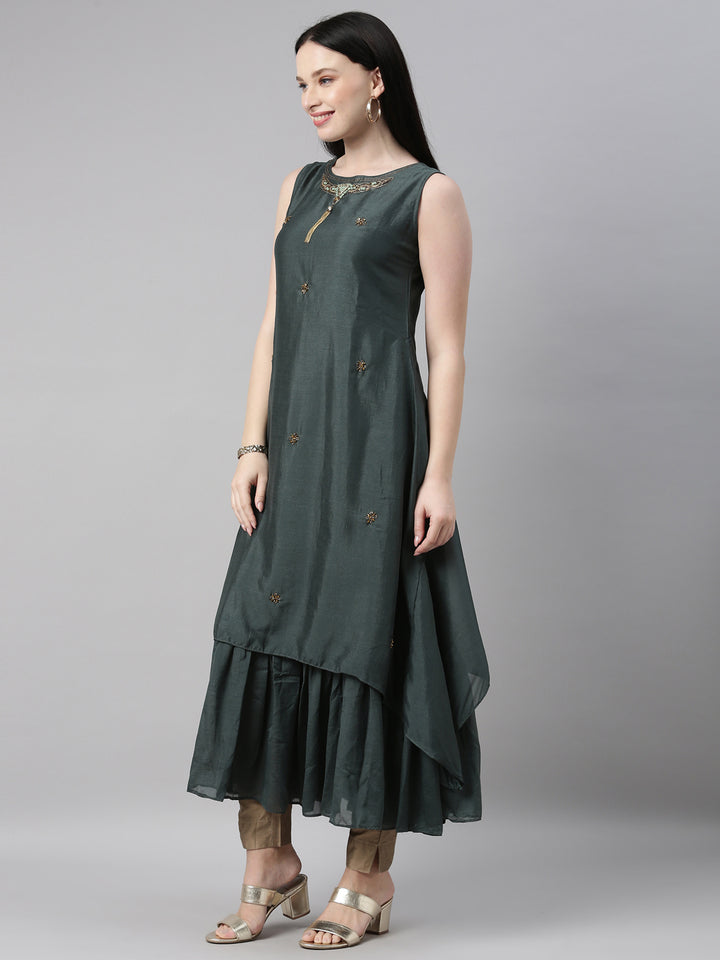 Neerus Green silk solid kurti - side view