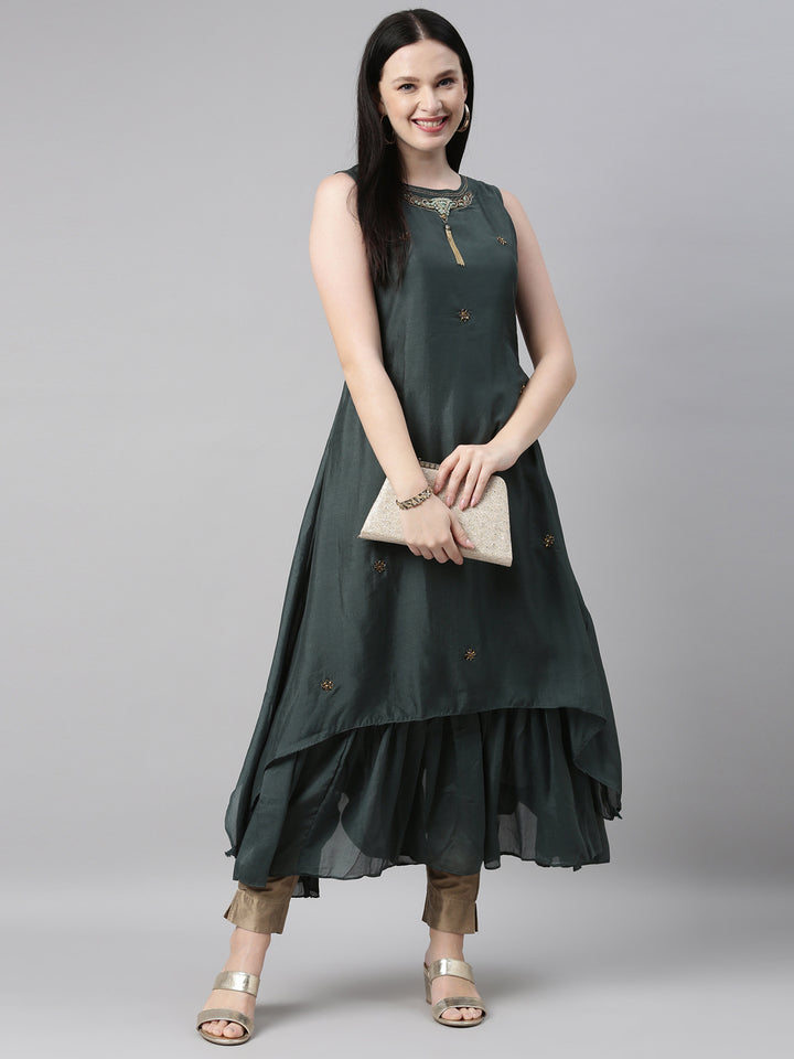 Neerus Green silk solid kurti - detail view 3
