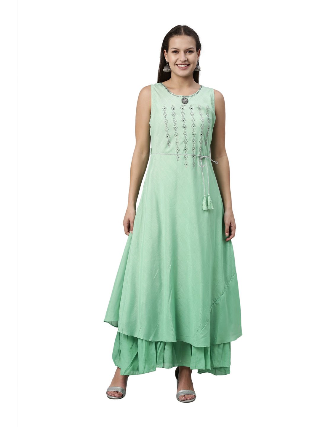 Neerus Green silk solid kurta - front view