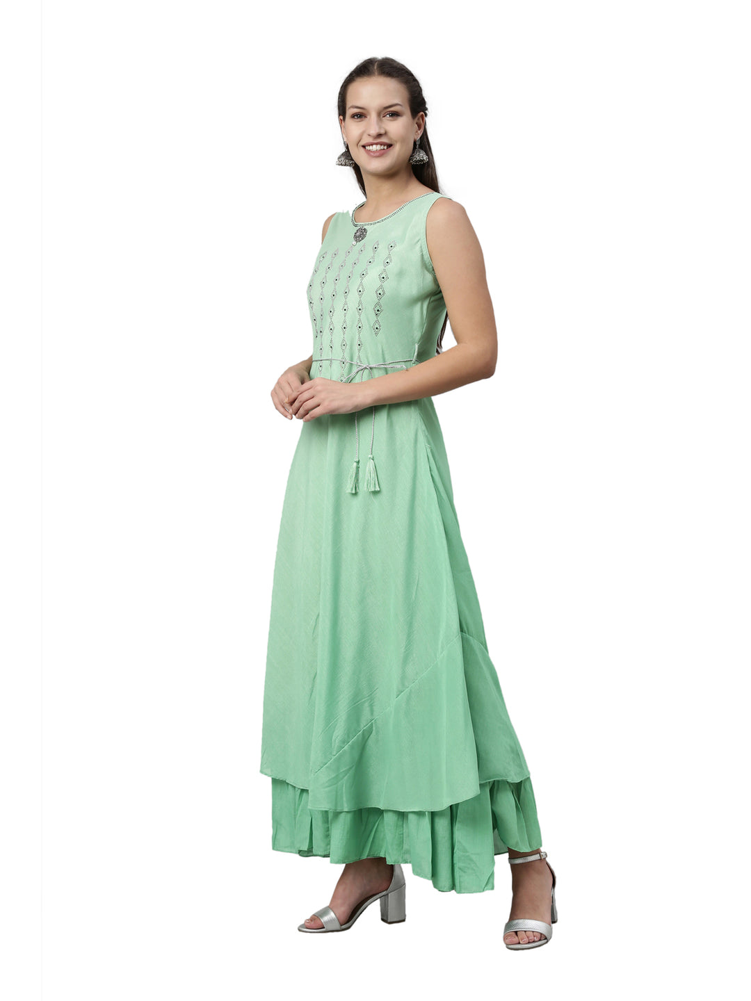 Neerus Green silk solid kurta - side view