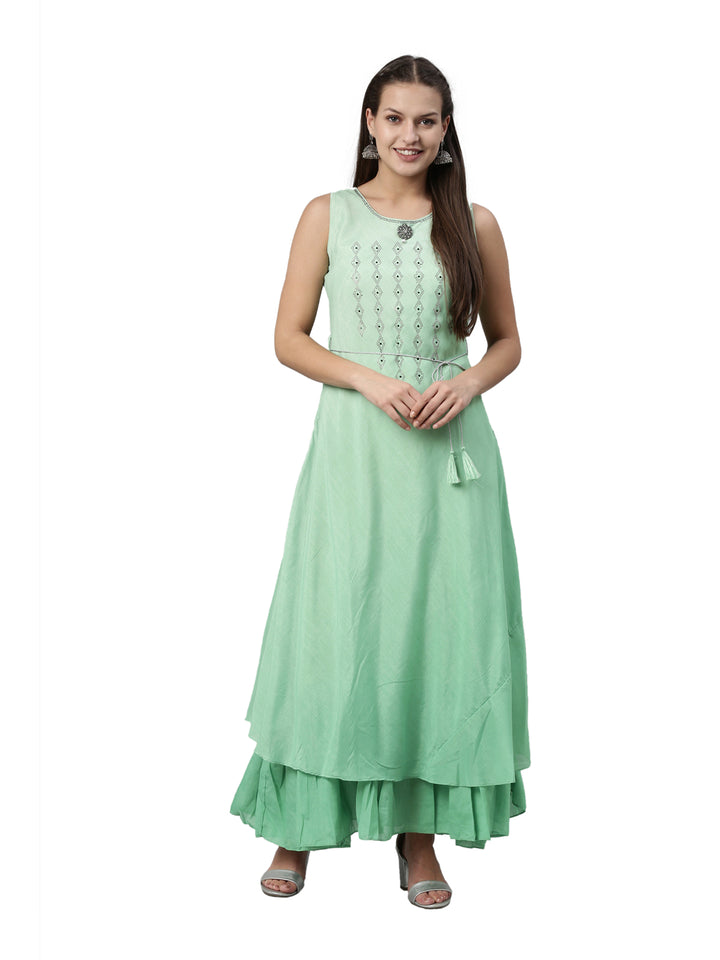 Neerus Green silk solid kurta - detail view 3