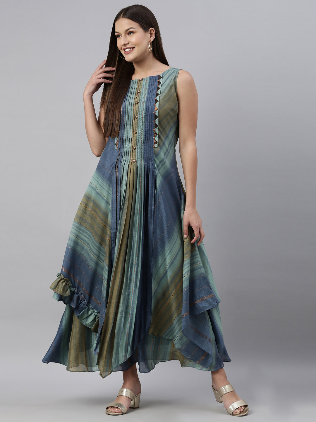 Neerus Blue silk straight kurti - detail view 3