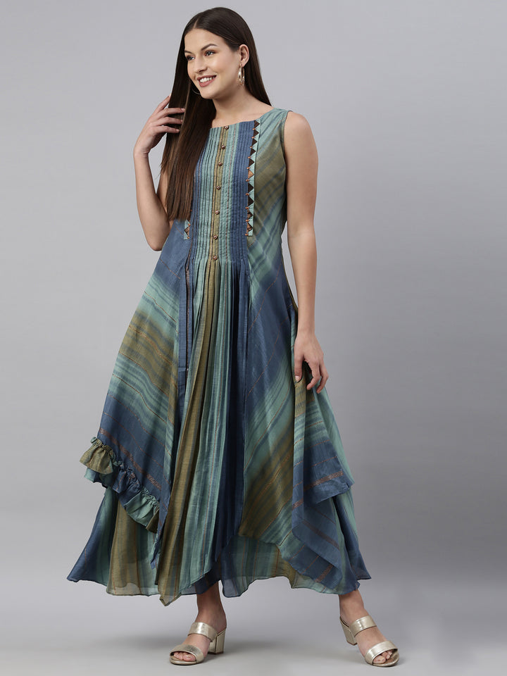 Neerus Blue silk straight kurti - detail view 3