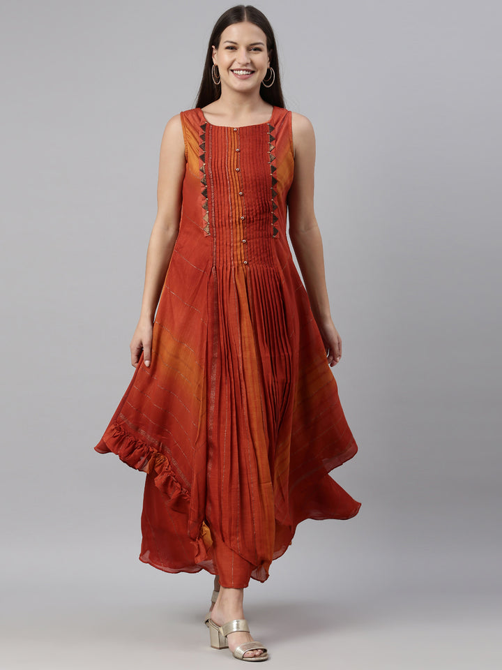 Neerus Orange silk straight kurta - front view