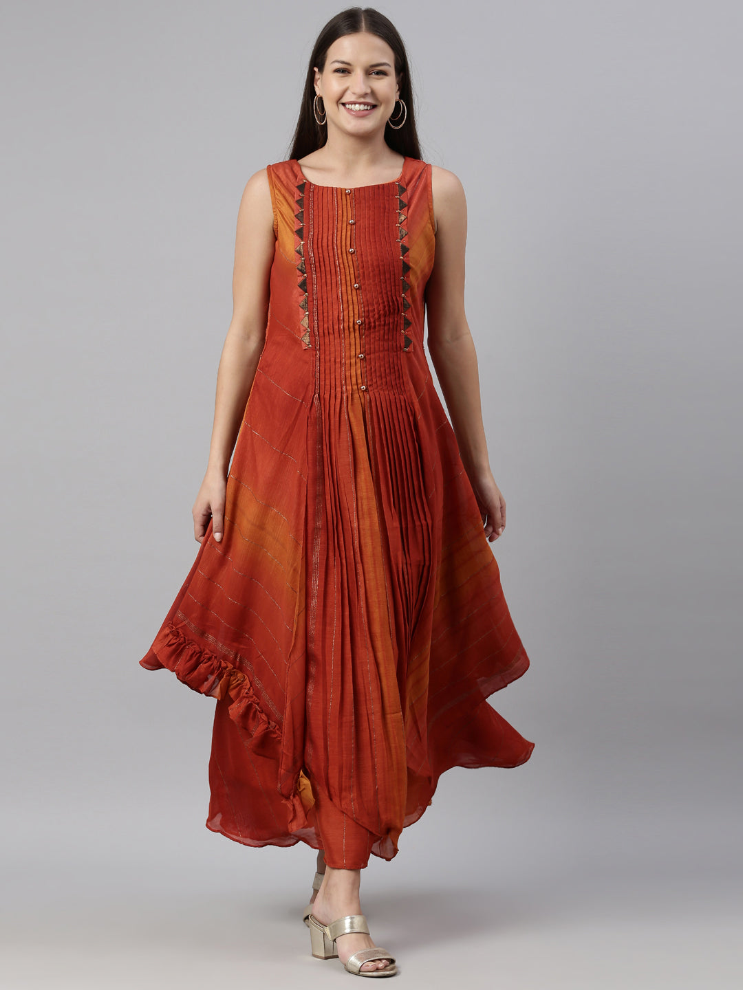 Neerus Orange silk straight kurta - detail view 6
