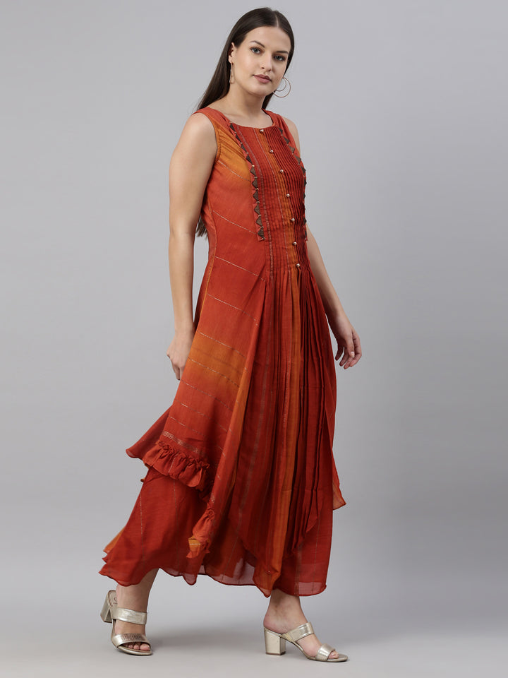 Neerus Orange silk straight kurta - detail view 1