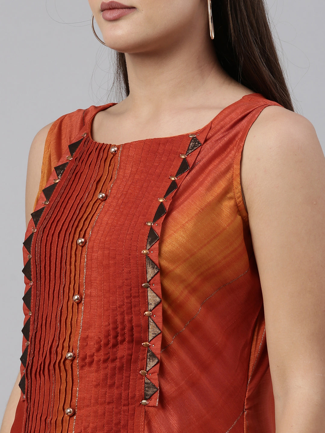 Neerus Orange silk straight kurta - detail view 5