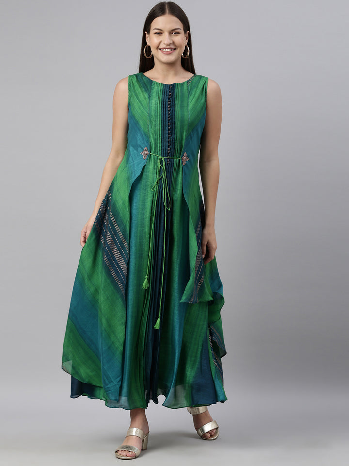 Neerus Green silk straight kurta - front view