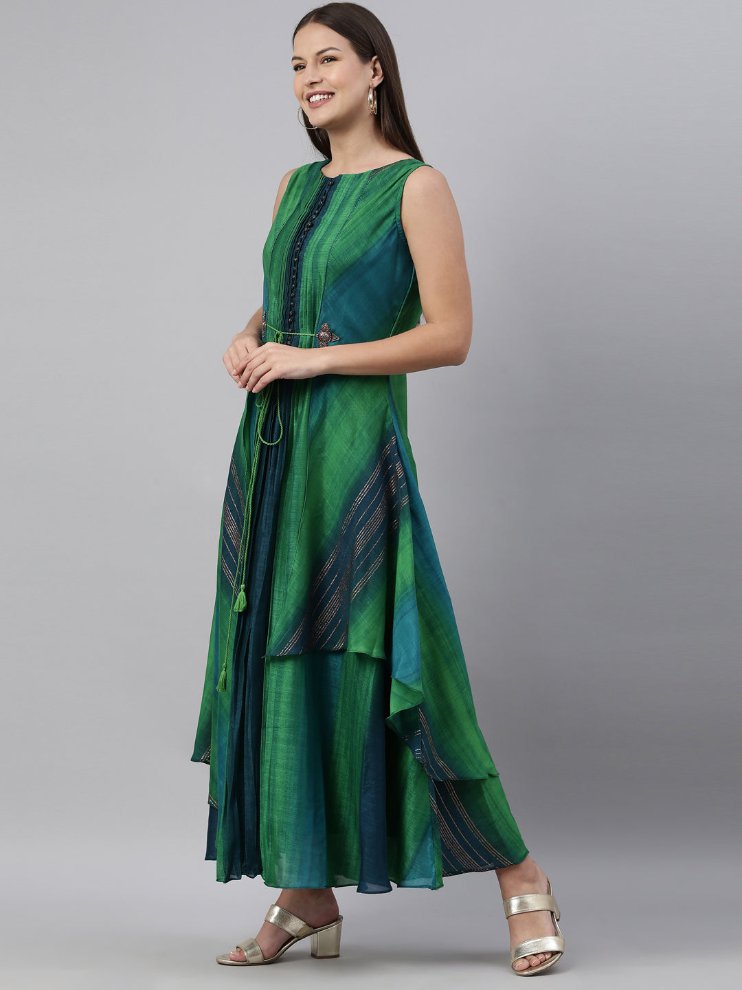 Neerus Green silk straight kurta - back view