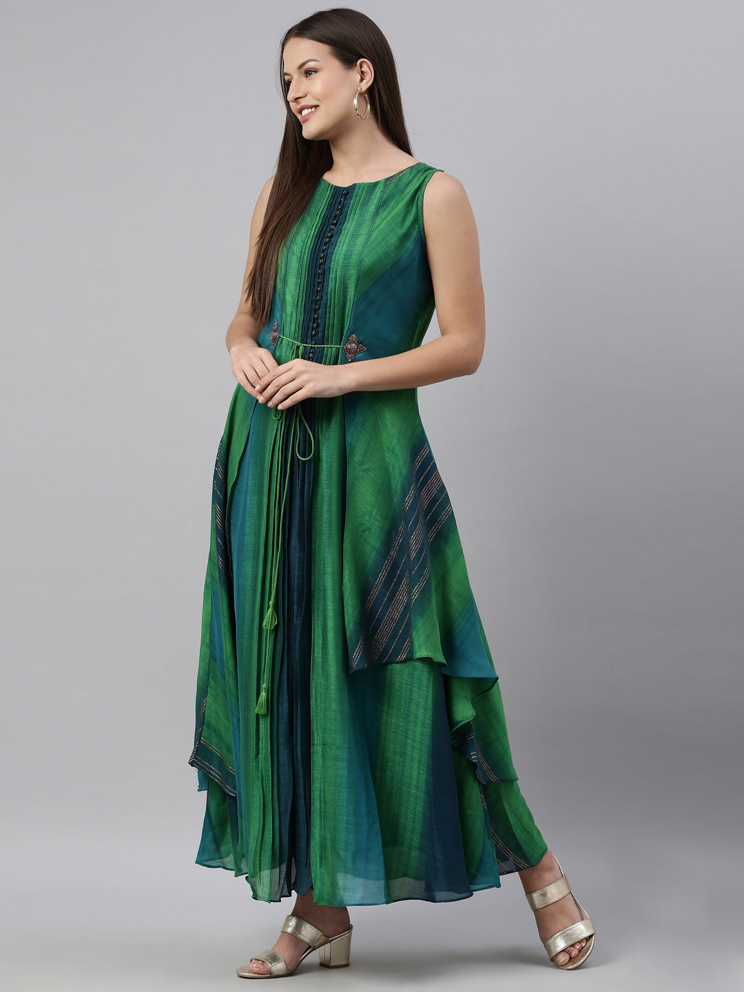 Neerus Green silk straight kurta - detail view 3