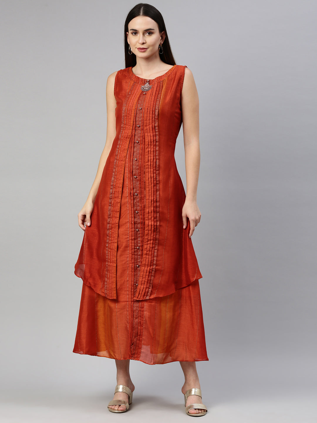 Neerus Orange silk straight kurta - detail view 5