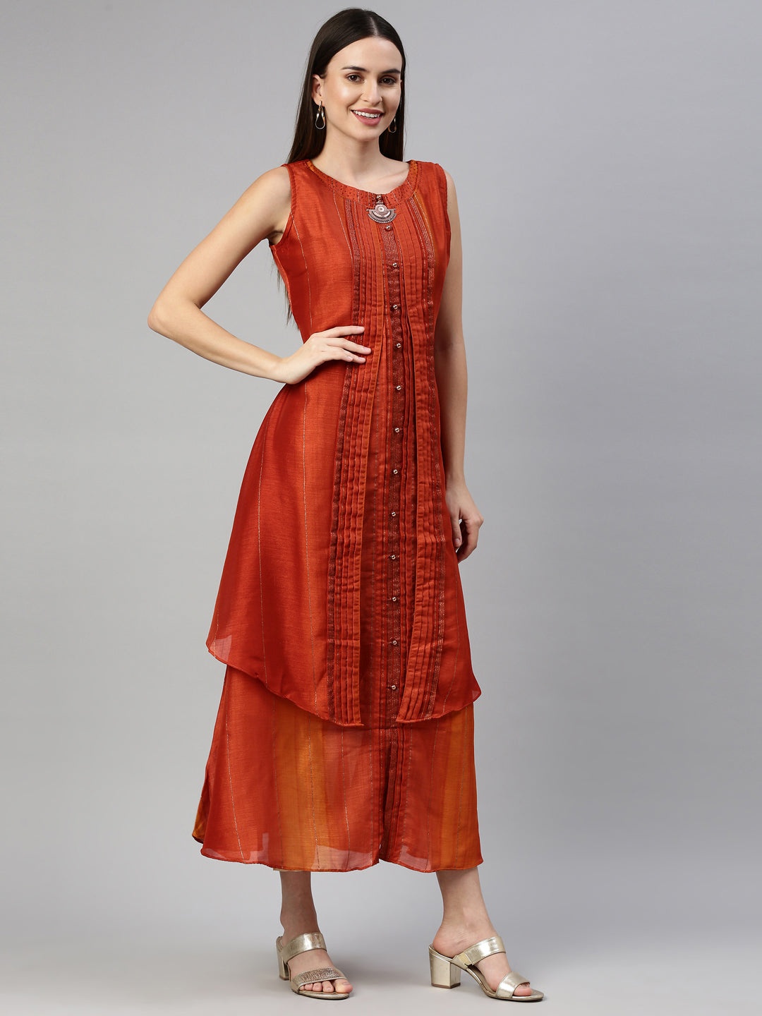 Neeru'S Rust Color Silk Fabric Kurta